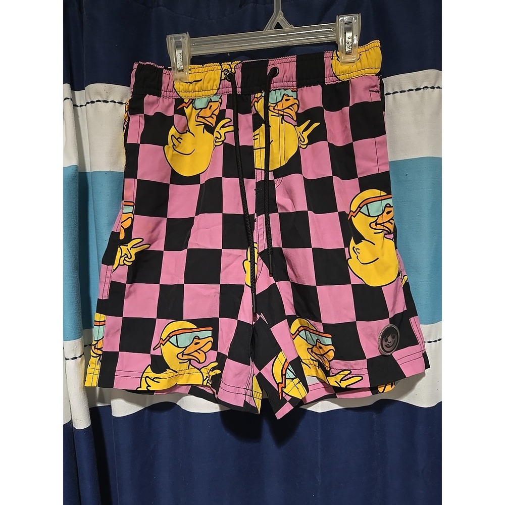 Pink Checkerboard Duck Patterned Swim Trunks with Elastic Waist Small